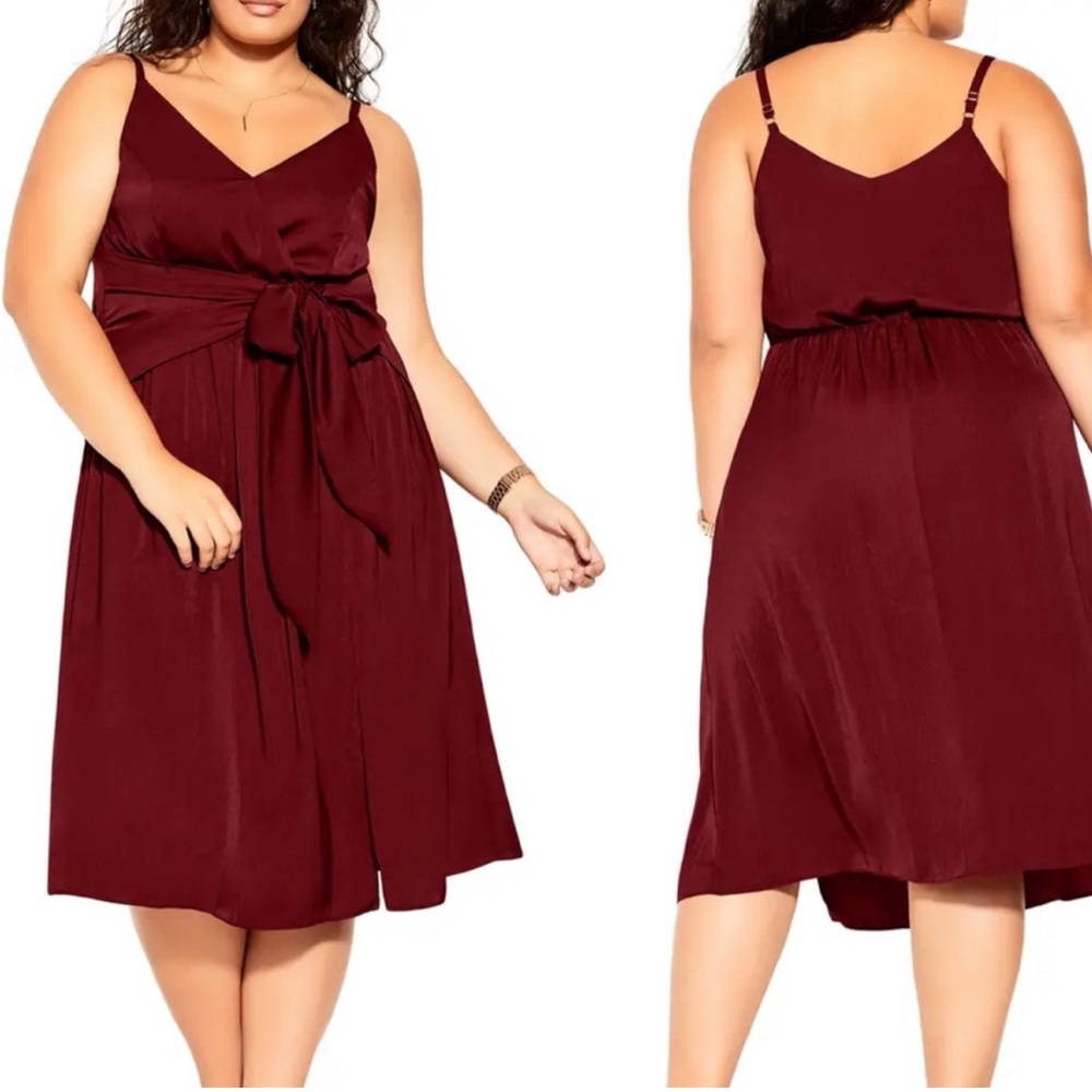 City Chic Dreaming Knotted Faux Wrap Midi Dress in Pomegranate SZ 22 NWT